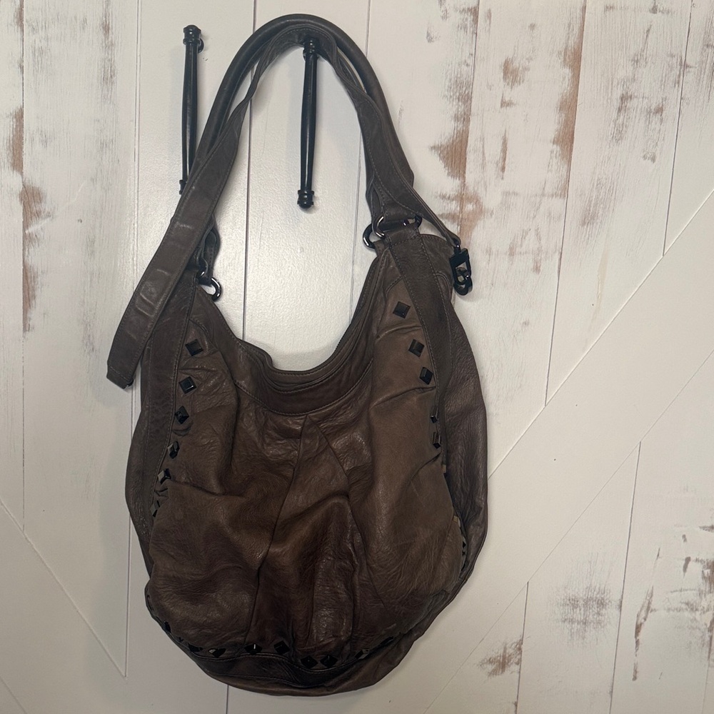 Treesje Dark Greige Leather Hobo Bag Stud Accents